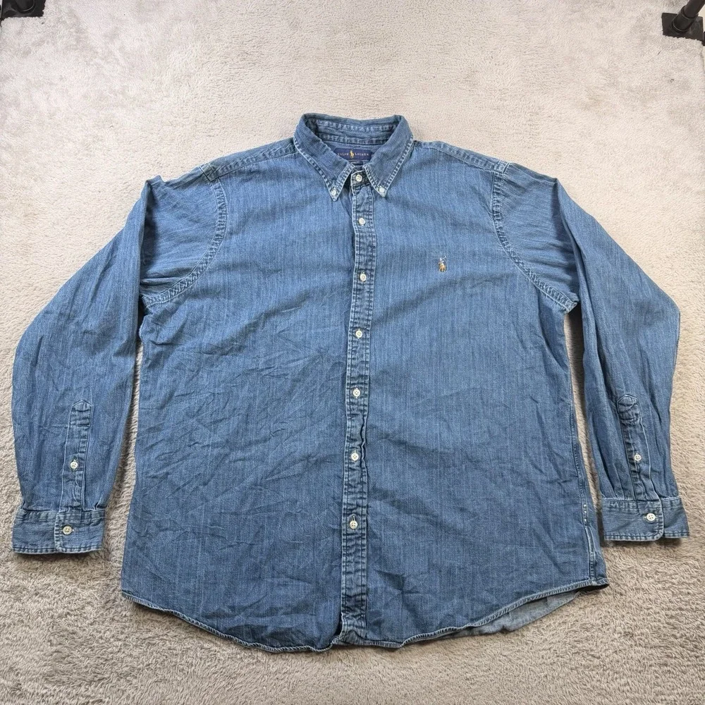 Polo Ralph Lauren Shirt Mens 2XL Classic Fit Blue Denim Button Down Flesh Pony